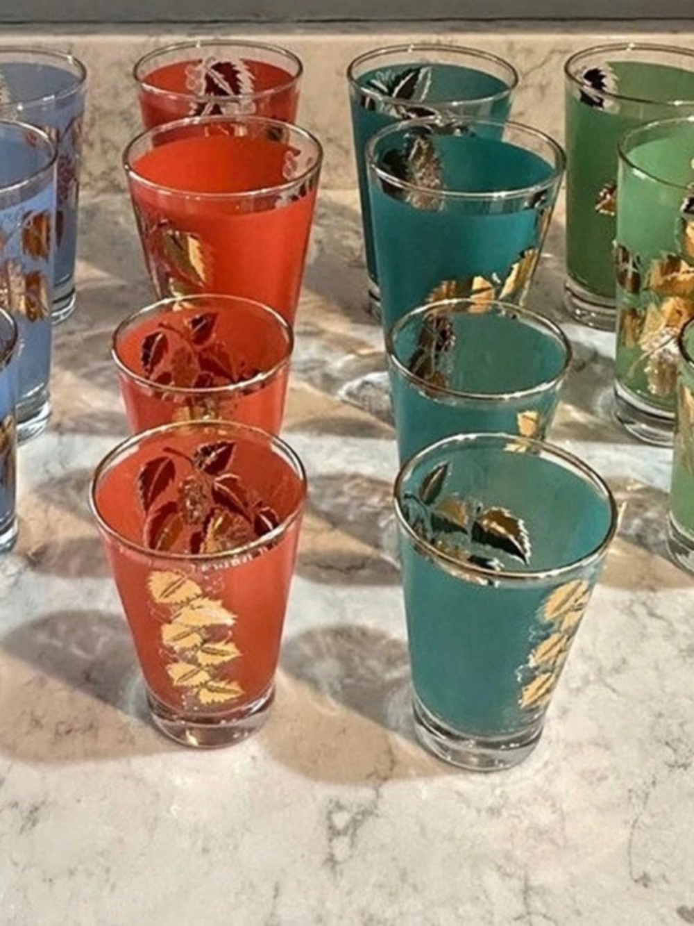 Vintage Leaf Print Drinking Glass Set Blue & Green